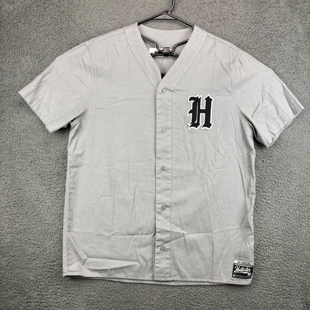 Hollister Mens Baseball Jersey Shirt Gray Short Sleeve Button Up Letter H Size L